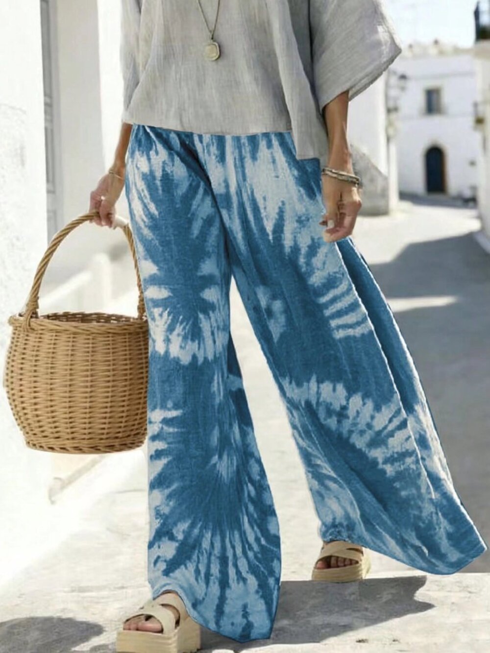 Blue Casual Women's Tie-Dye Print Wide Leg Loose Pants